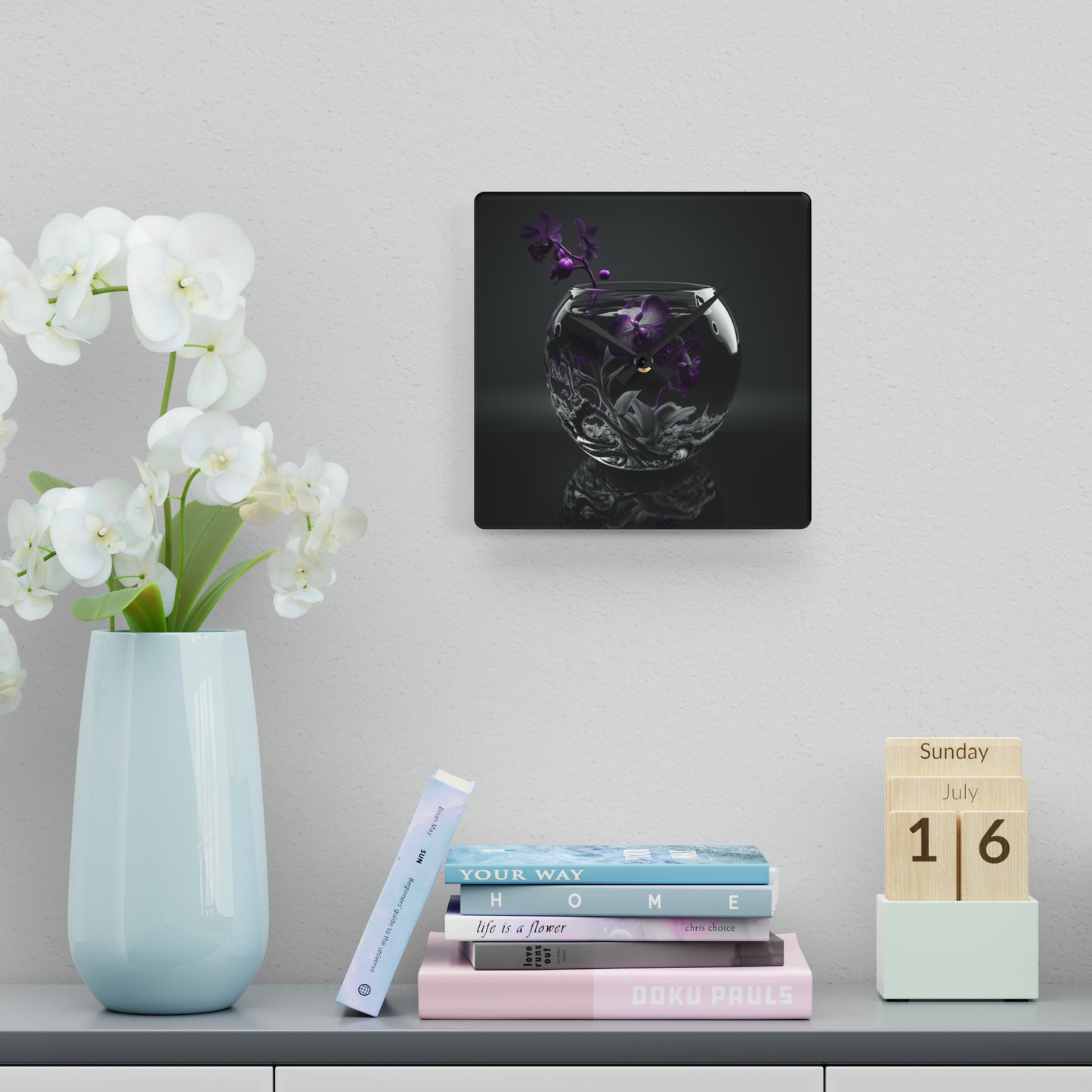 Acrylic Wall Clock Purple Orchid Glass vase 3