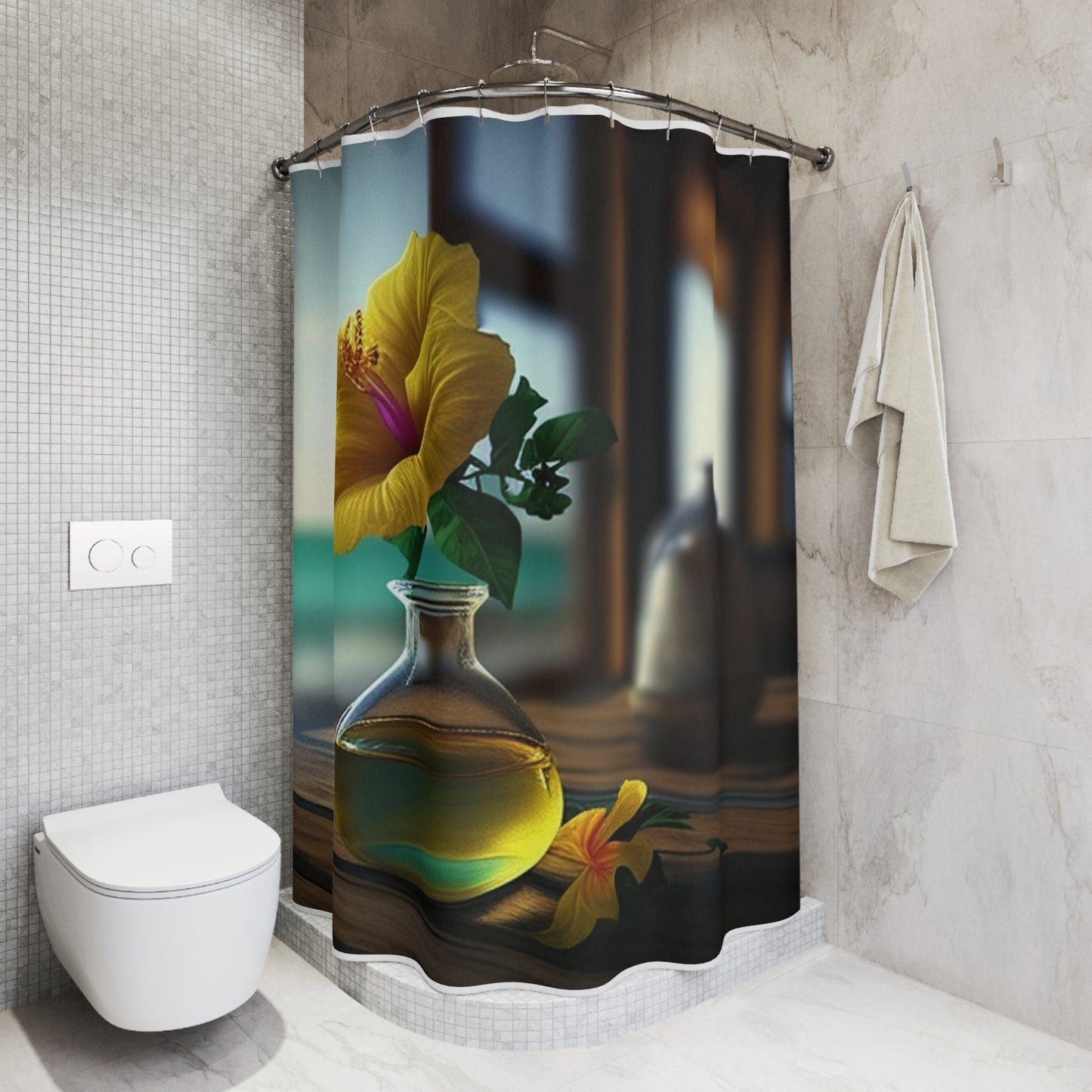 Polyester Shower Curtain Yellow Hibiscus Wood 1