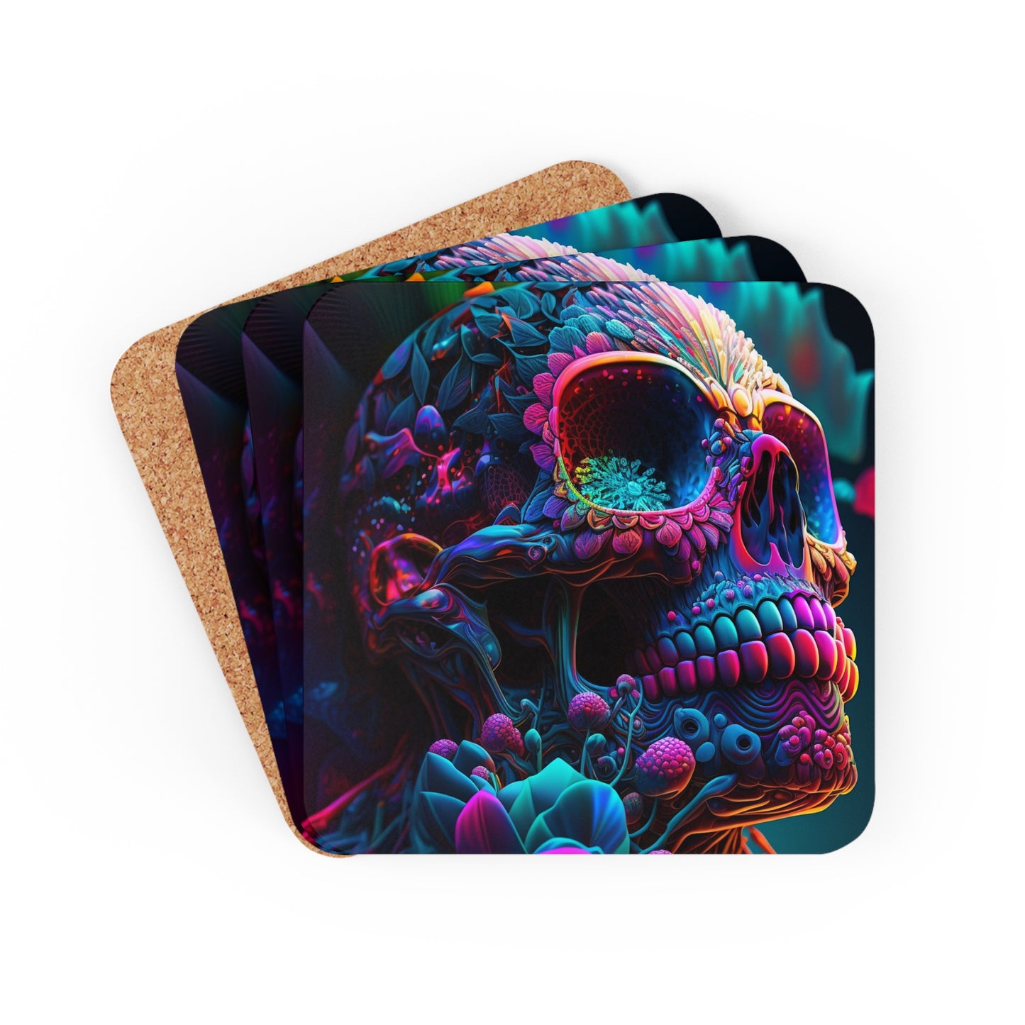 Corkwood Coaster Set Florescent Skull Death 3