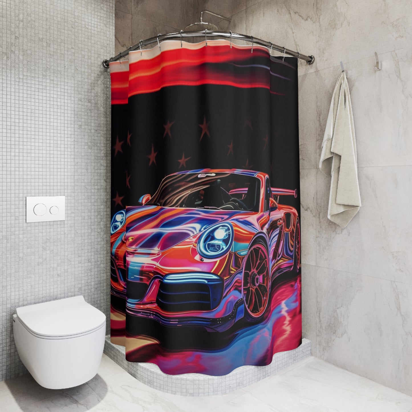 Polyester Shower Curtain American Flag Colored Porsche 2