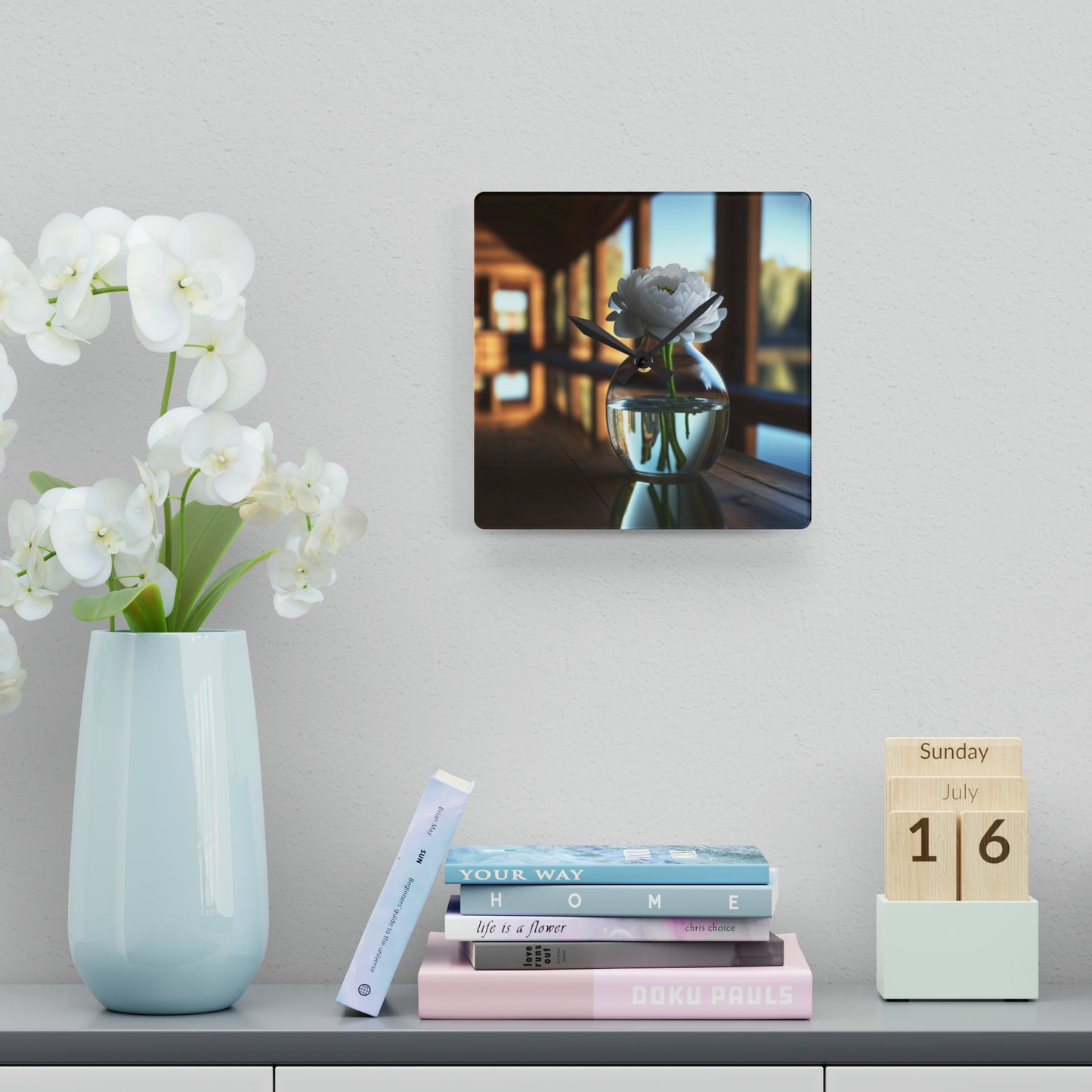 Acrylic Wall Clock White Peony glass vase 3