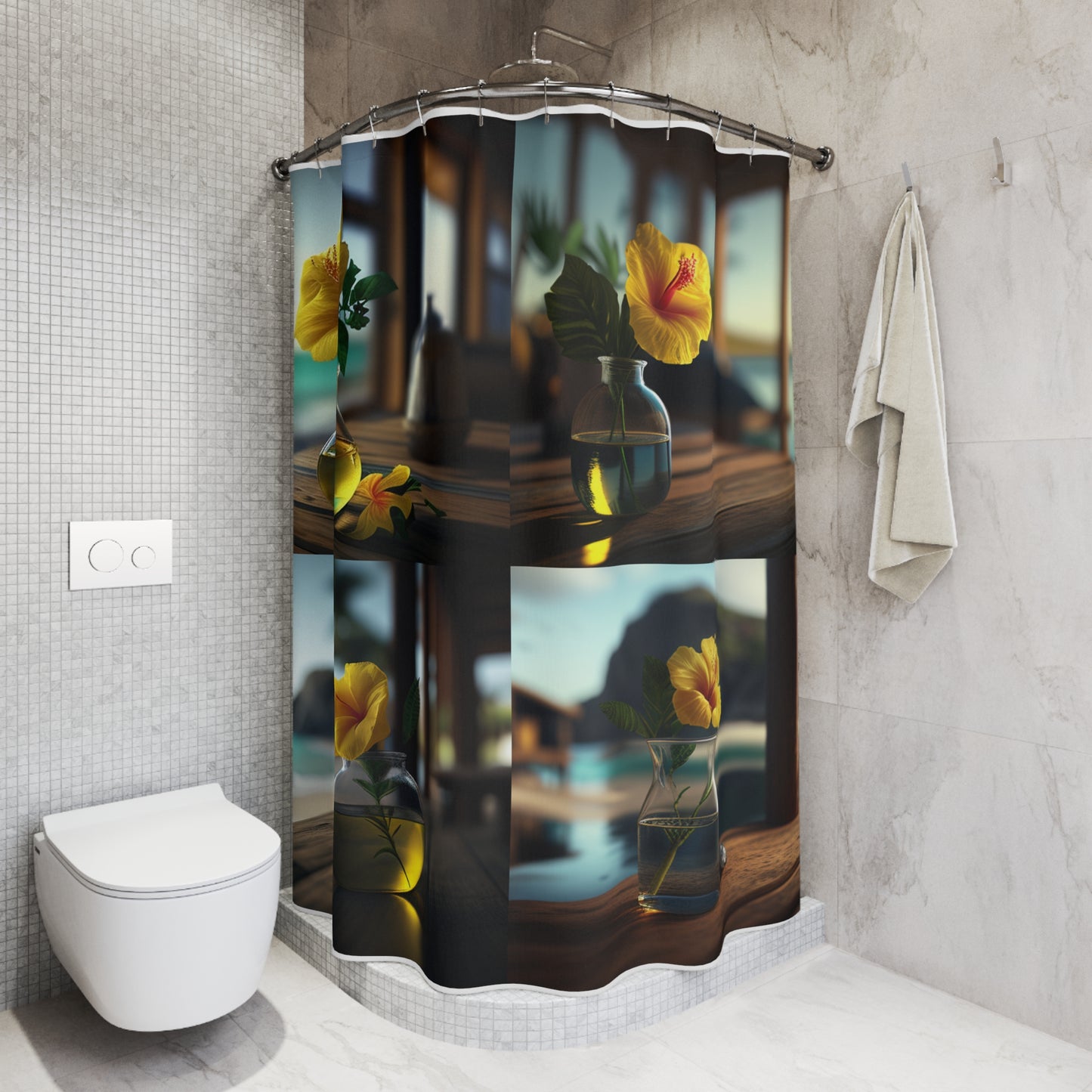 Polyester Shower Curtain Yellow Hibiscus Wood 5