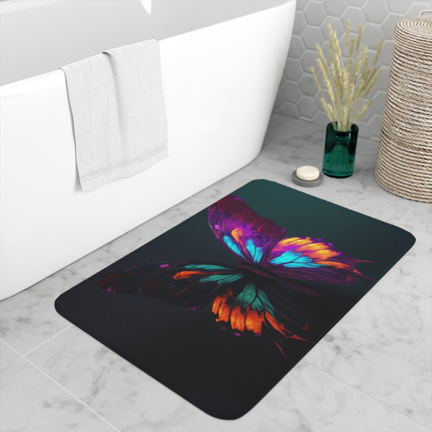 Memory Foam Bath Mat Hyper Colorful Butterfly Purple 2