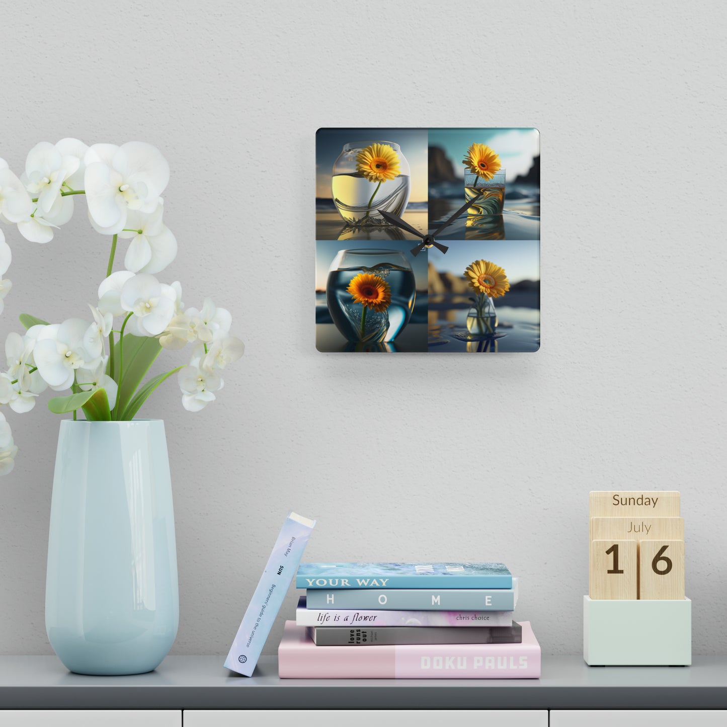 Acrylic Wall Clock yello Gerbera glass 5