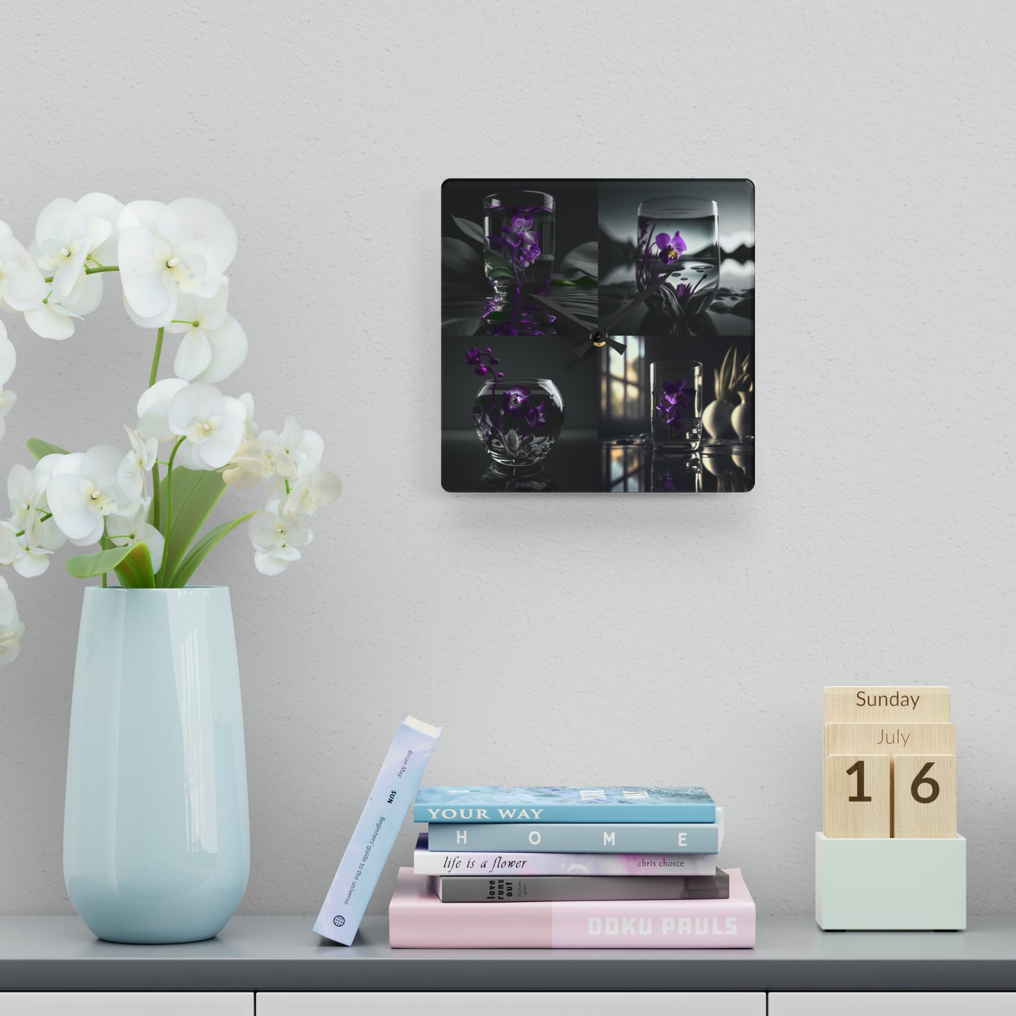 Acrylic Wall Clock Purple Orchid Glass vase 5