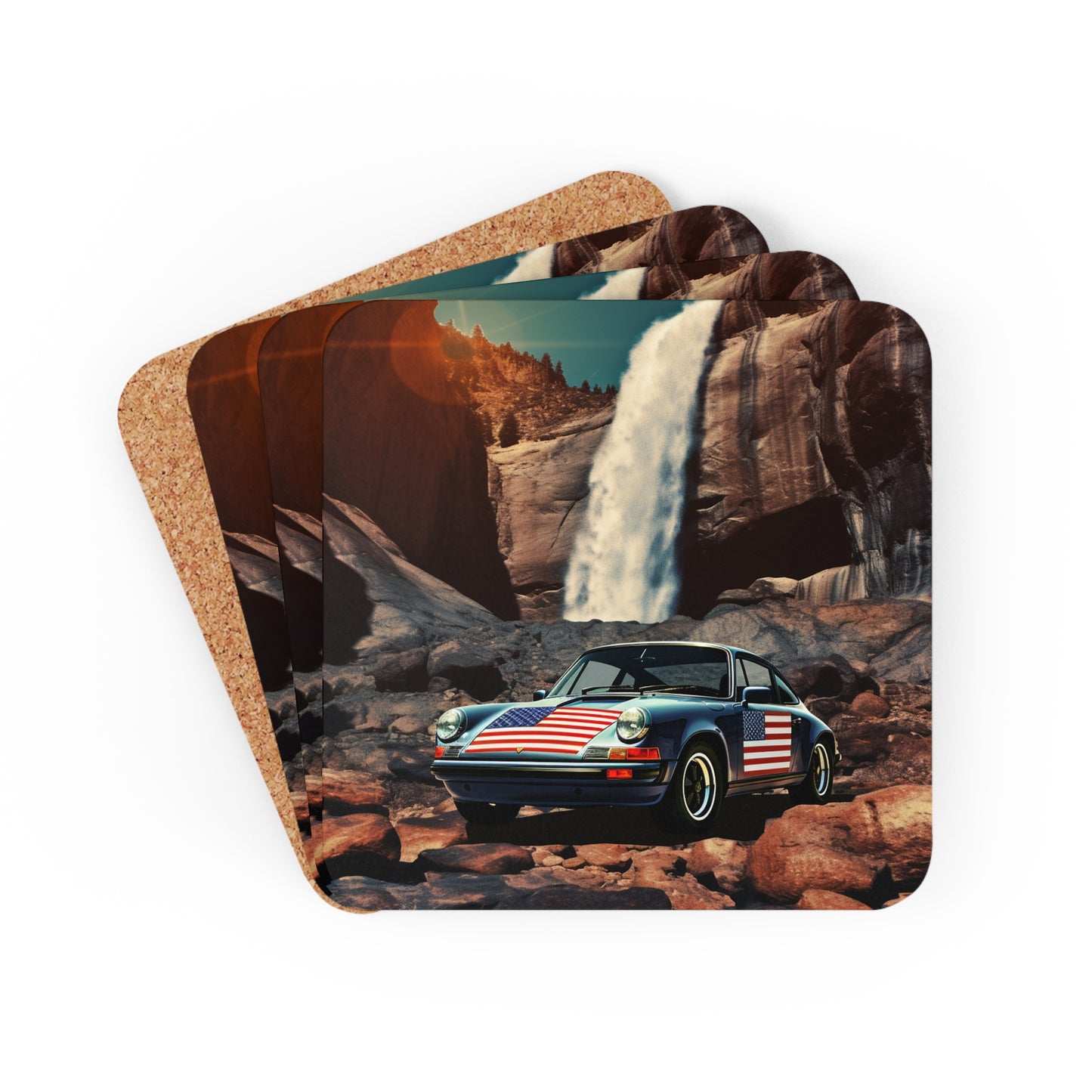 Corkwood Coaster Set American Flag Porsche Abstract 2