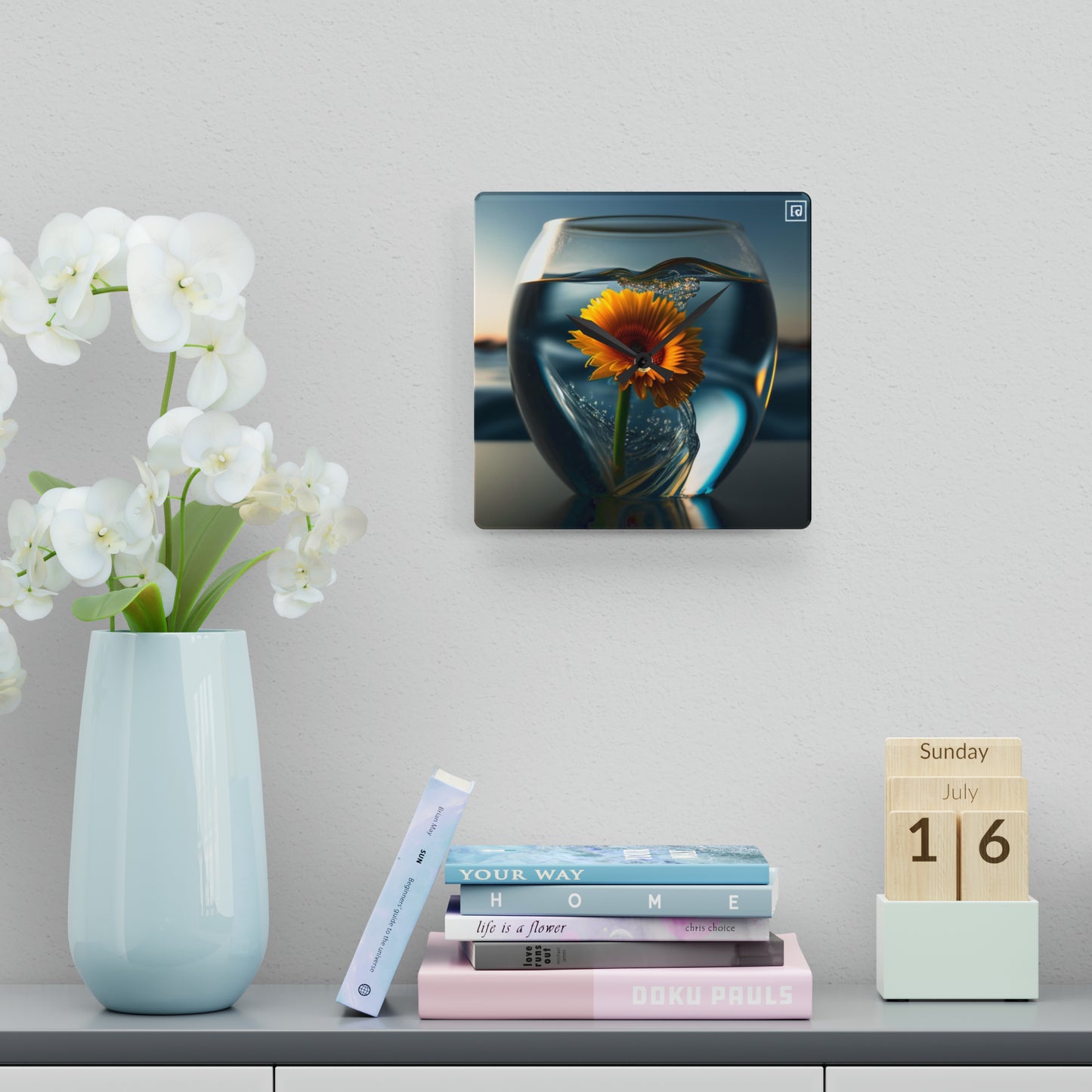 Acrylic Wall Clock yello Gerbera glass 3