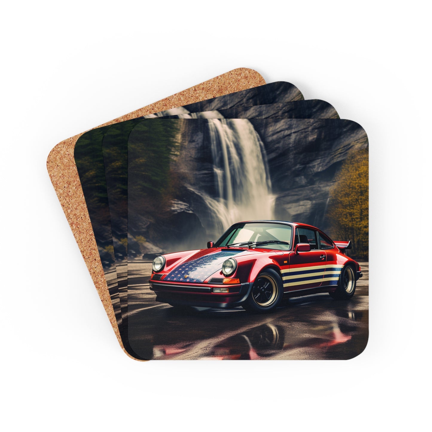 Corkwood Coaster Set American Flag Porsche Abstract 1