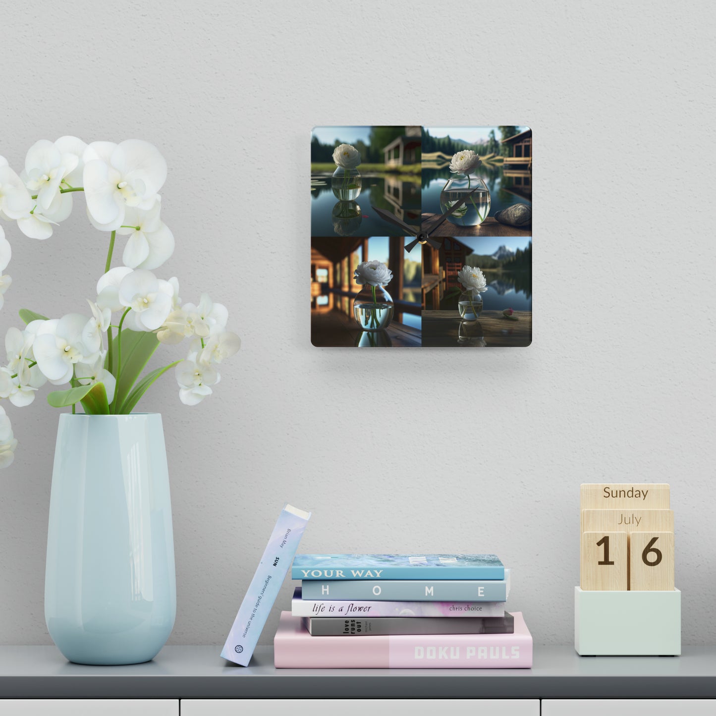 Acrylic Wall Clock White Peony glass vase 5