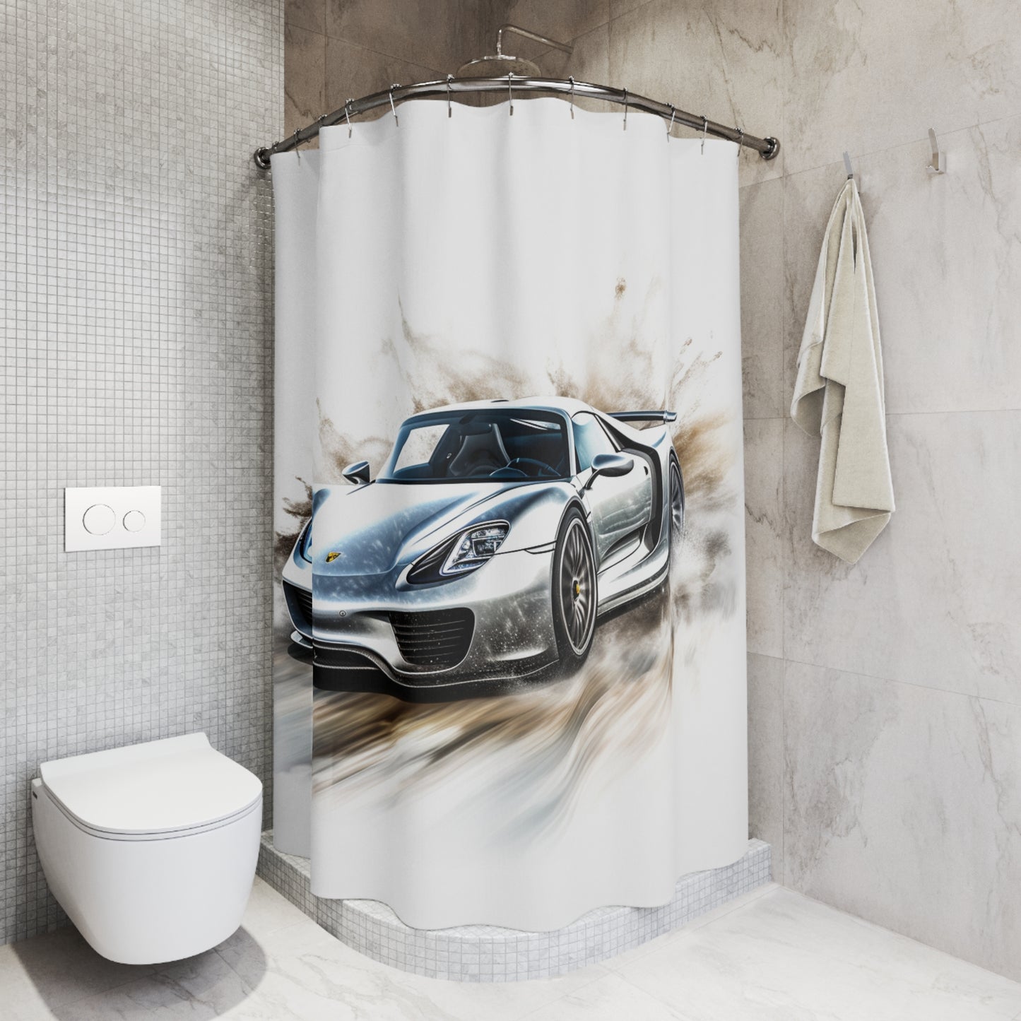 Polyester Shower Curtain 918 Spyder white background driving fast with water splashing 2