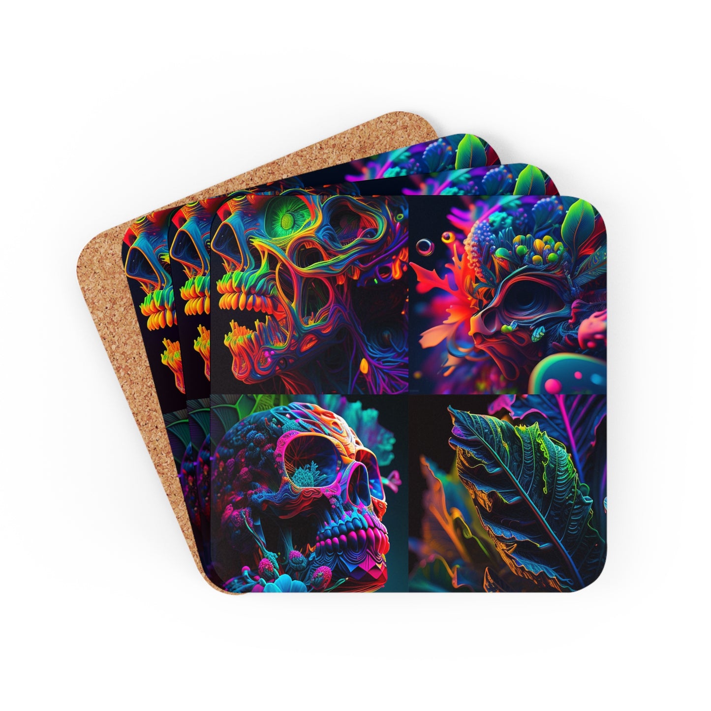 Corkwood Coaster Set Florescent Skull Death 5