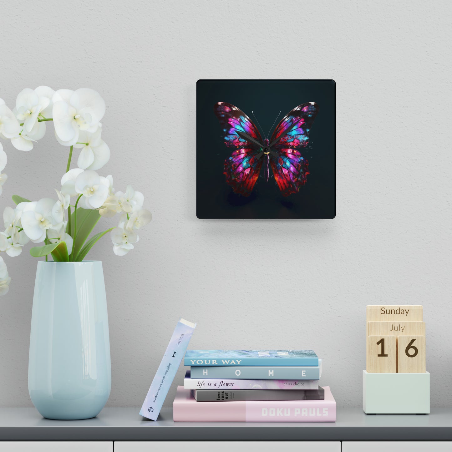 Acrylic Wall Clock Hyper Colorful Butterfly Macro 3