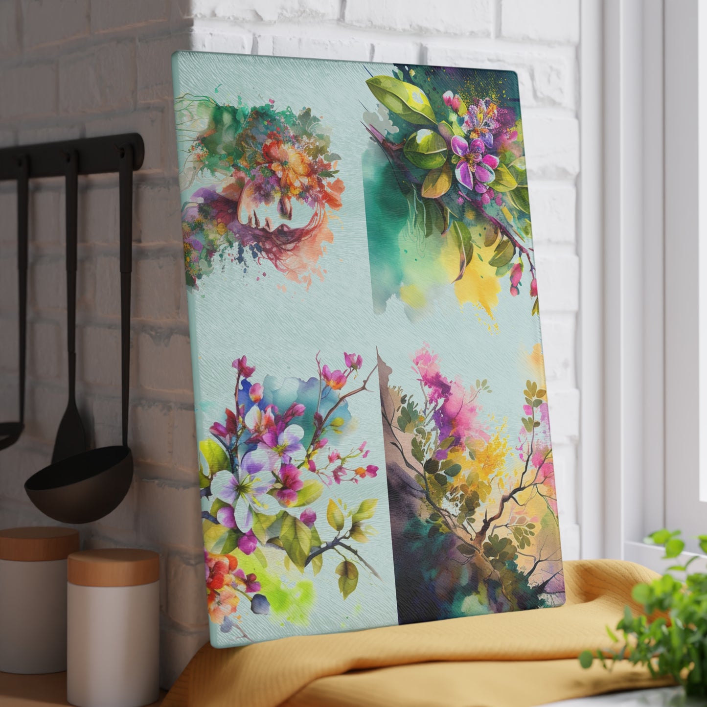 Glass Cutting Board Mother Nature Bright Spring Colors Realistic Watercolor 5