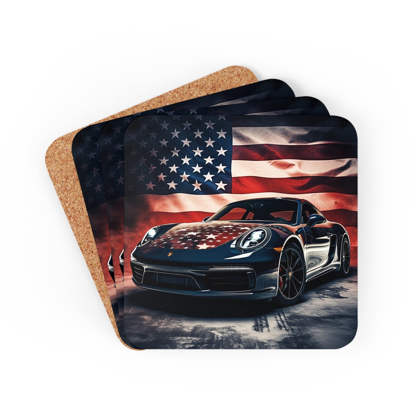 Corkwood Coaster Set Abstract American Flag Background Porsche 2