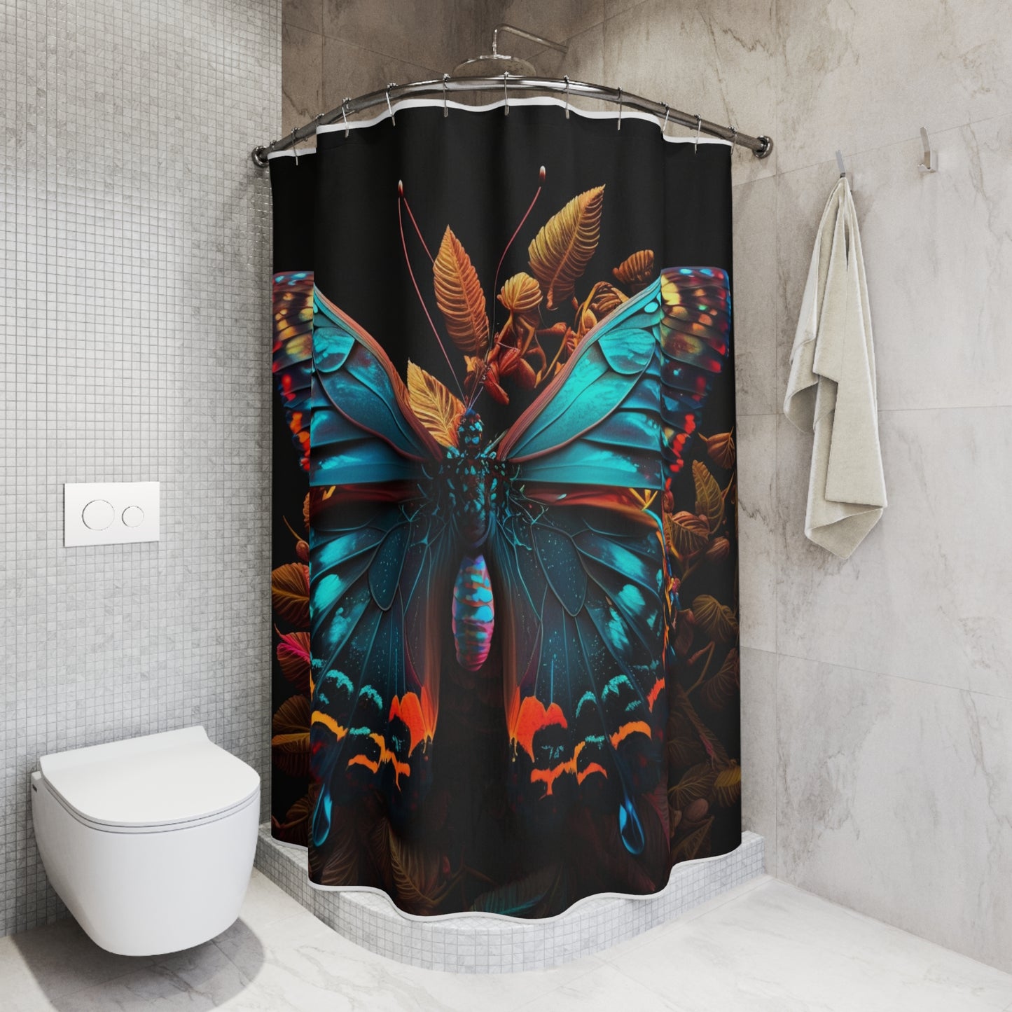 Polyester Shower Curtain Hue Neon Butterfly 1
