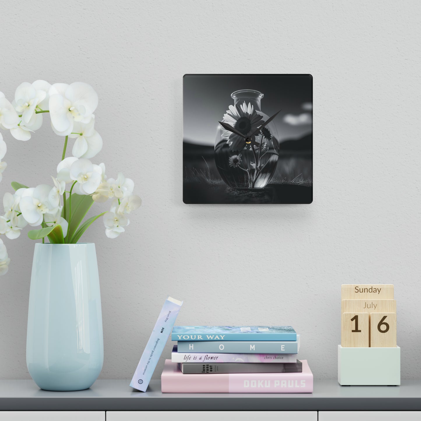 Acrylic Wall Clock Yellw Sunflower in a vase 4