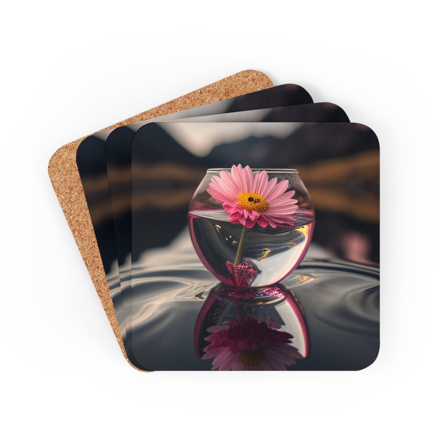 Corkwood Coaster Set Pink Daisy 1