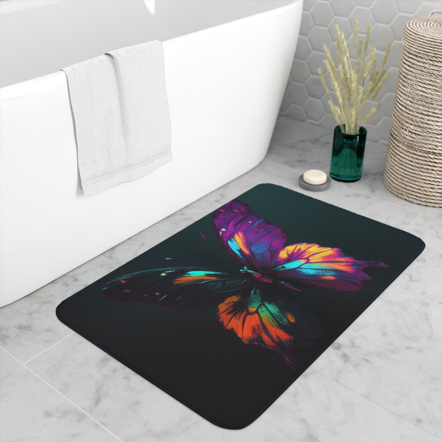 Memory Foam Bath Mat Hyper Colorful Butterfly Purple 3