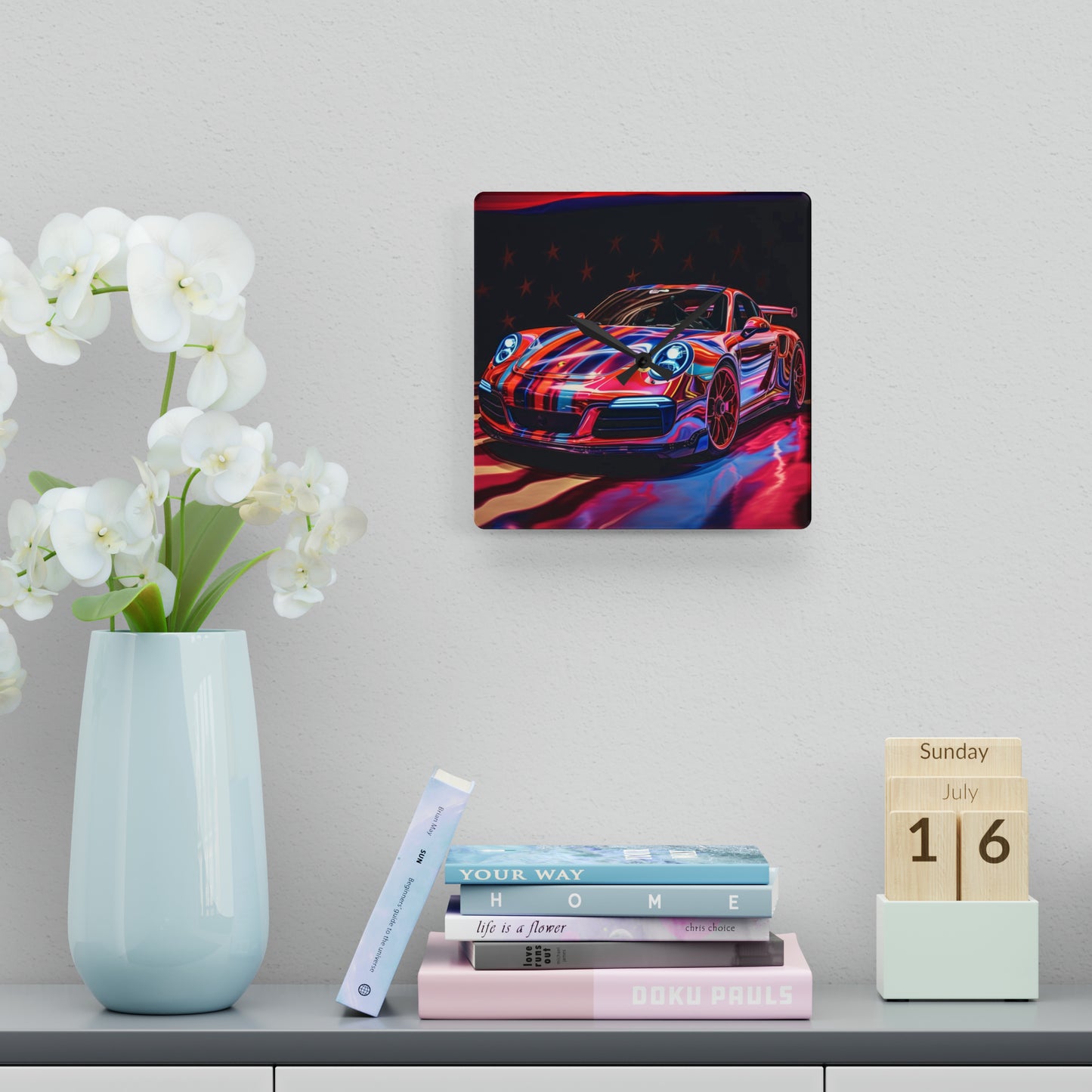 Acrylic Wall Clock American Flag Colored Porsche 3