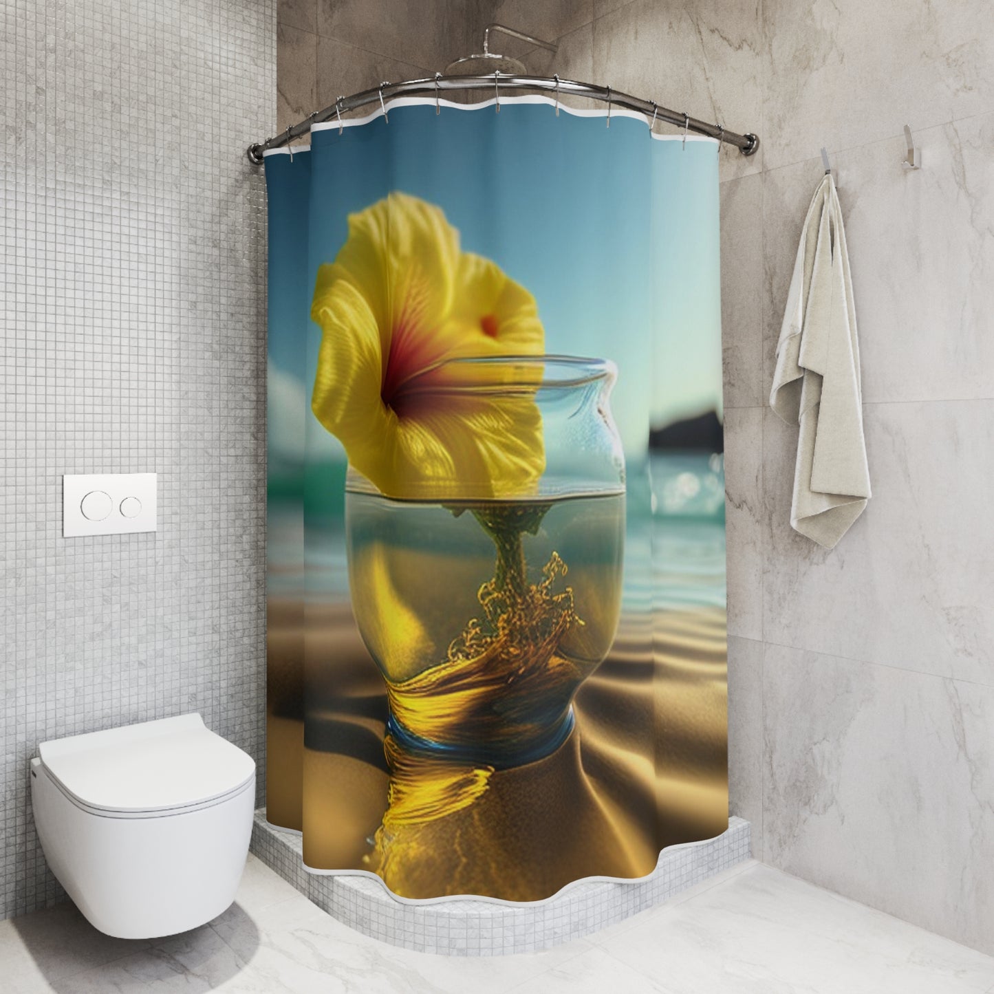 Polyester Shower Curtain Yellow Hibiscus glass 1