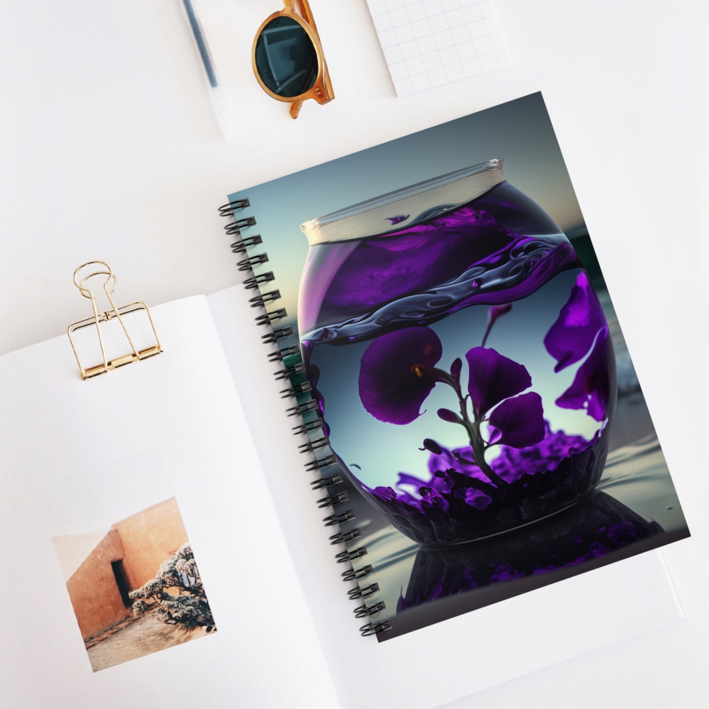 Spiral Notebook - Ruled Line Purple Sweet pea in a vase 4