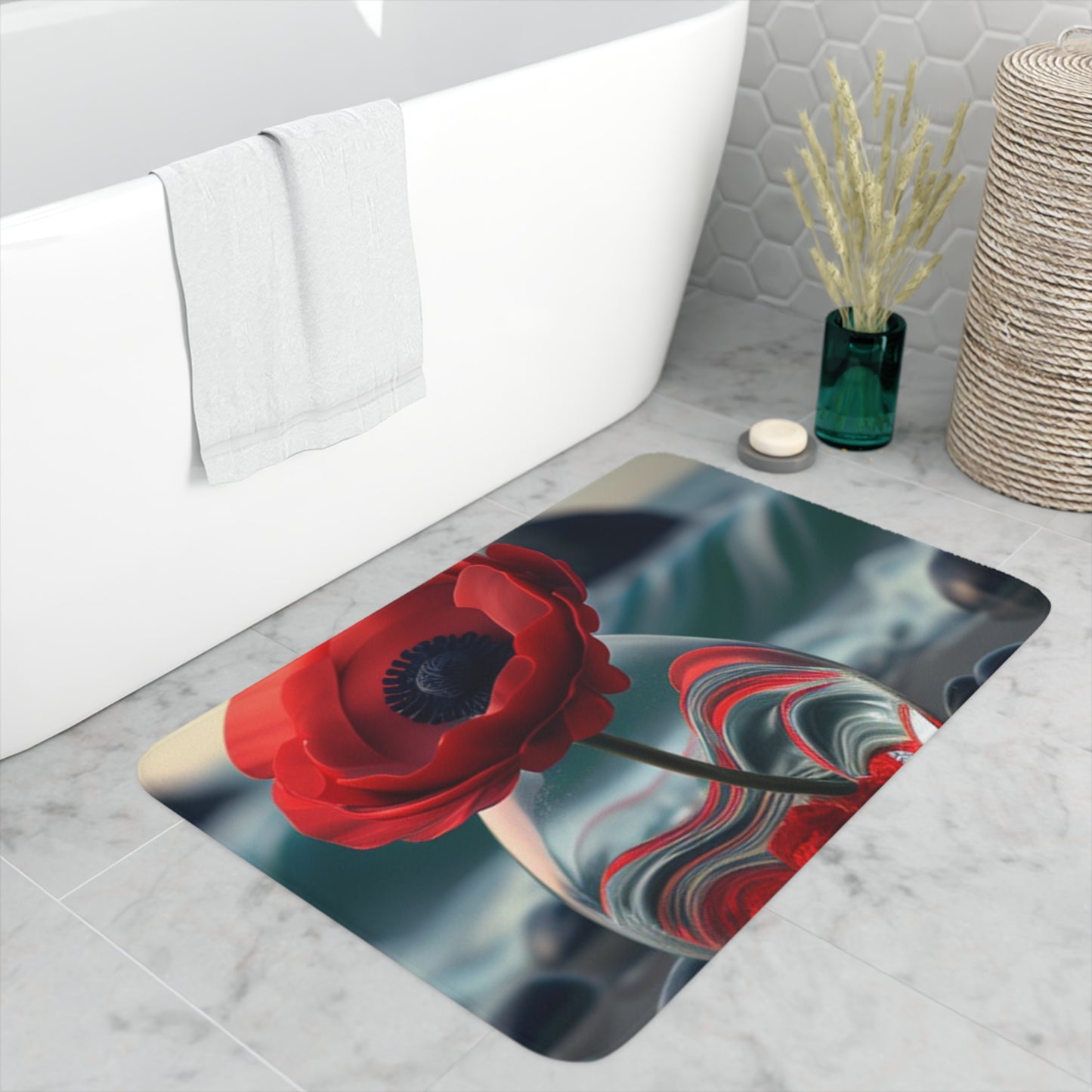 Memory Foam Bath Mat Red Anemone in a Vase 1