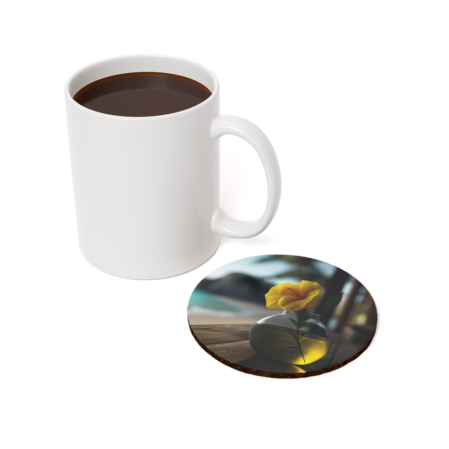 Cork Back Coaster Yellow Hibiscus Wood 3