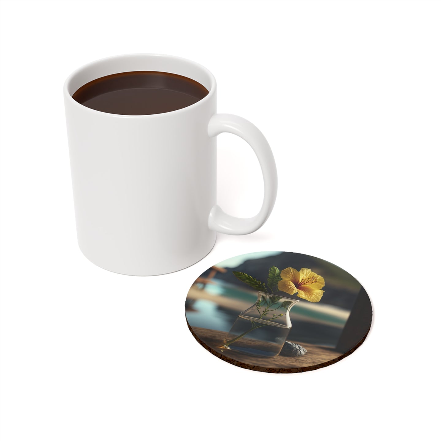Cork Back Coaster Yellow Hibiscus Wood 4