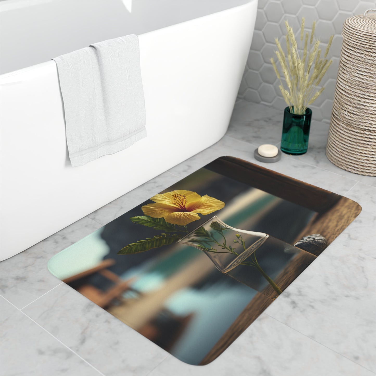 Memory Foam Bath Mat Yellow Hibiscus Wood 4