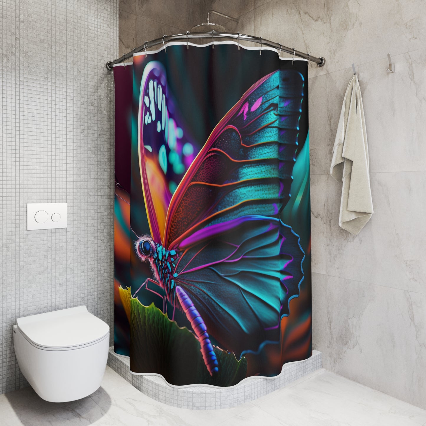 Polyester Shower Curtain Neon Butterfly Macro 1