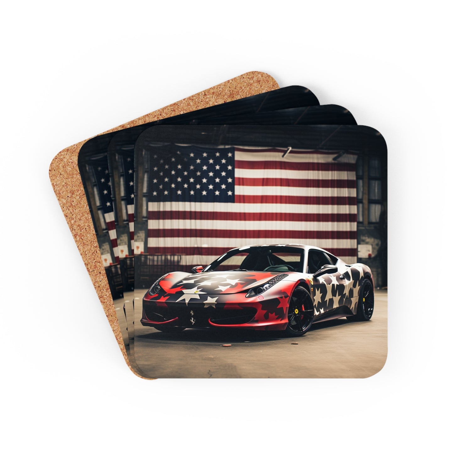 Corkwood Coaster Set American Flag Farrari 1