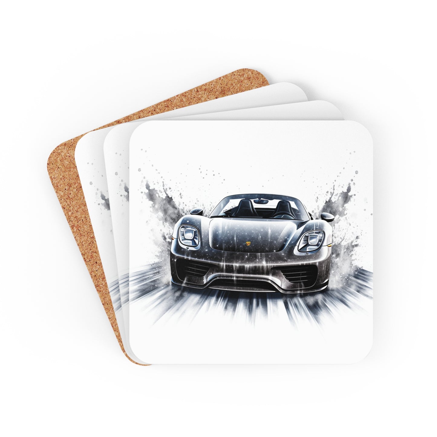 Corkwood Coaster Set 918 Spyder white background driving fast with water splashing 3