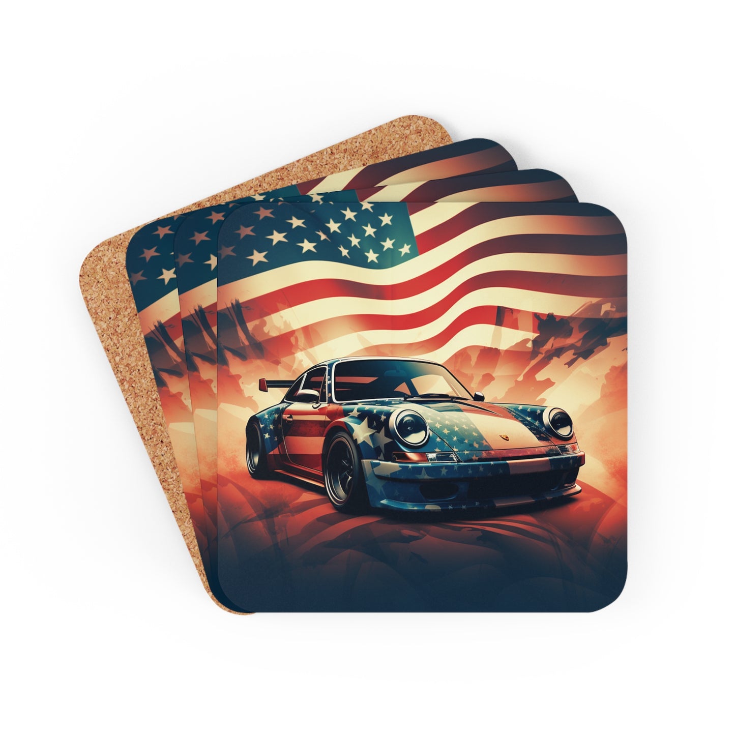 Corkwood Coaster Set Abstract American Flag Background Porsche 4