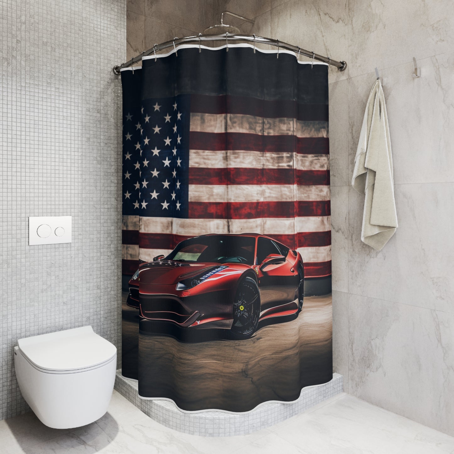 Polyester Shower Curtain American Flag Background Ferrari 4