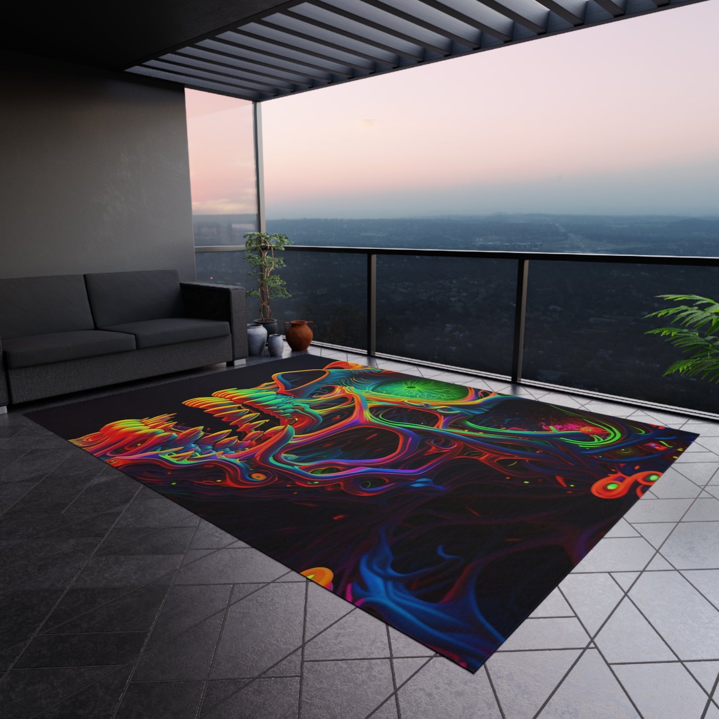 Outdoor Rug Florescent Skull Death 1