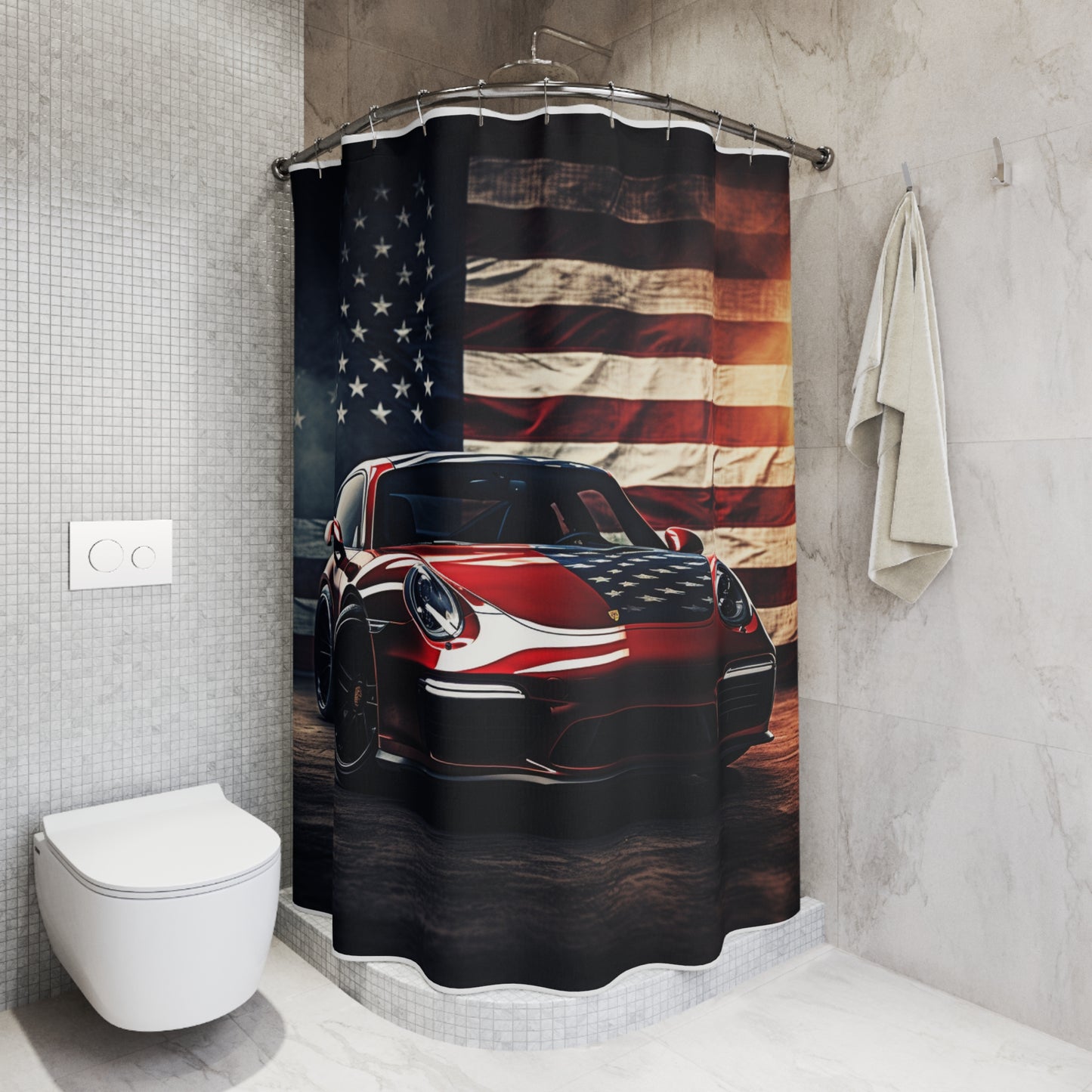 Polyester Shower Curtain American Flag Background Porsche 2