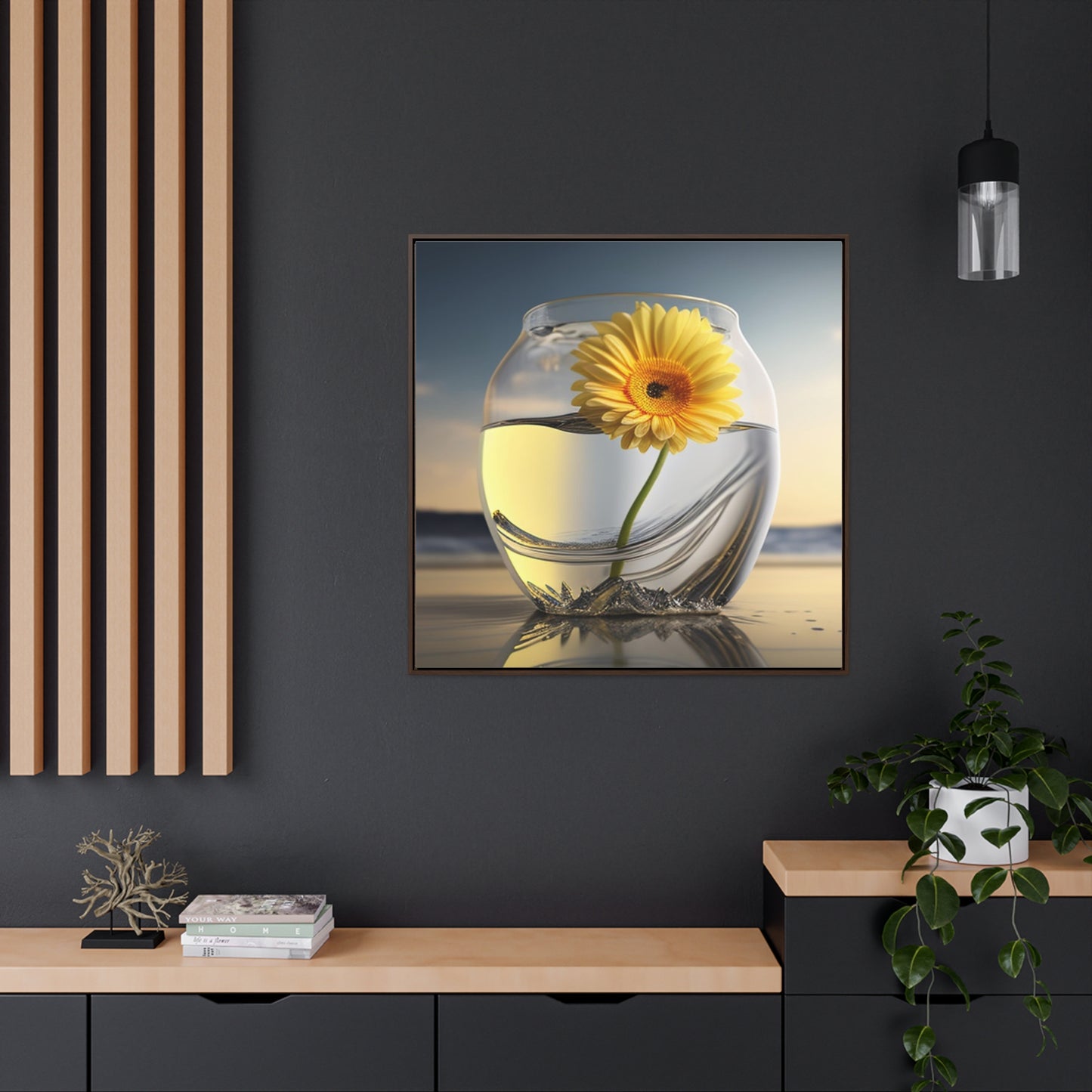 Gallery Canvas Wraps, Square Frame yello Gerbera glass 1
