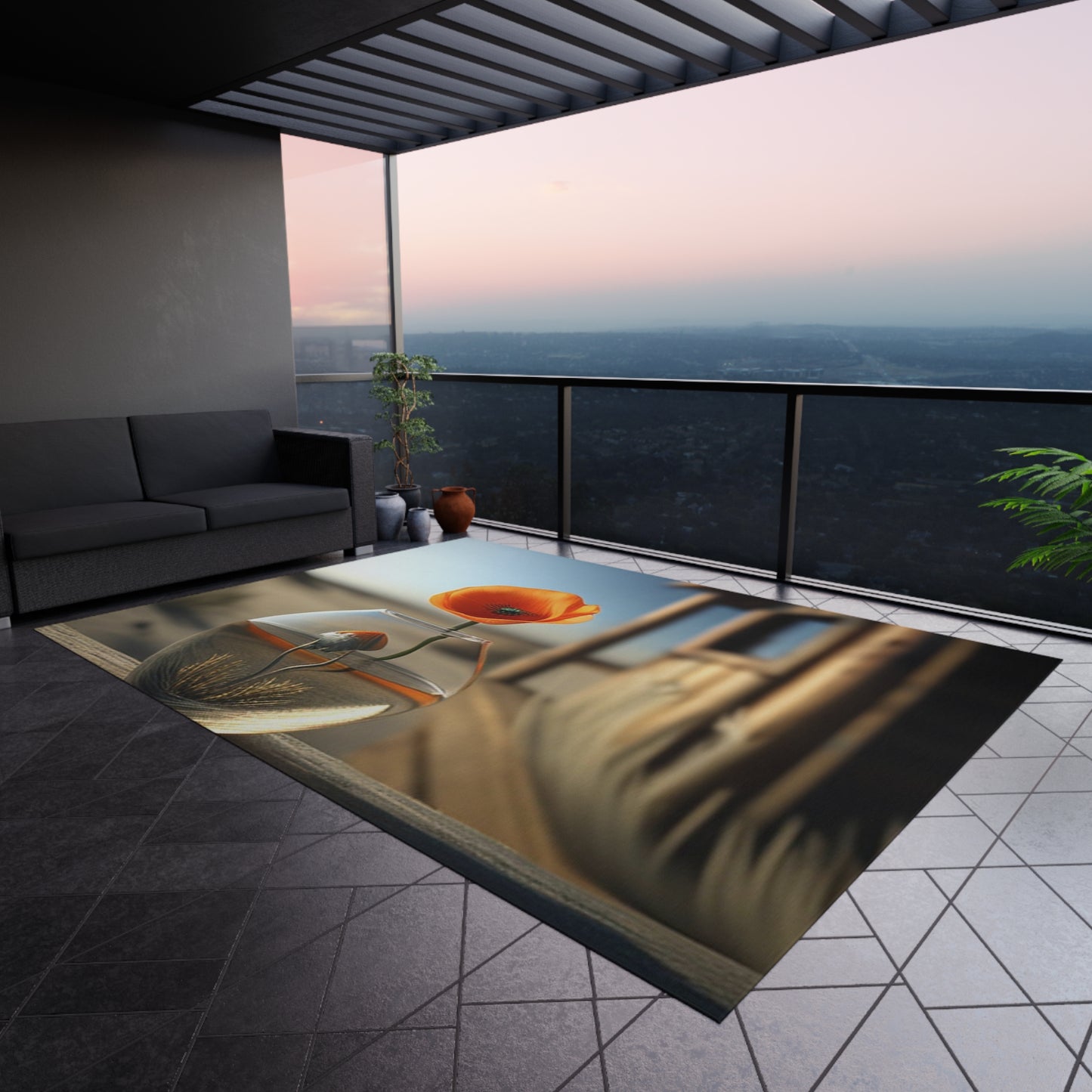 Outdoor Rug Orange Poppy in a Vase 1