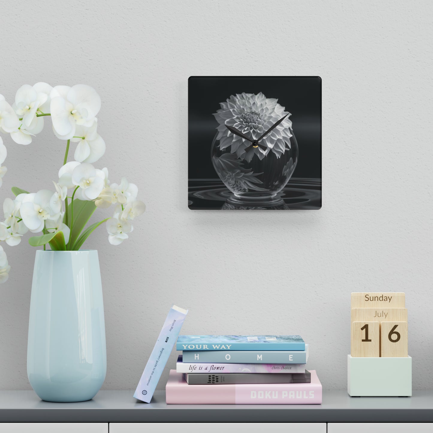 Acrylic Wall Clock White Dahlia 1