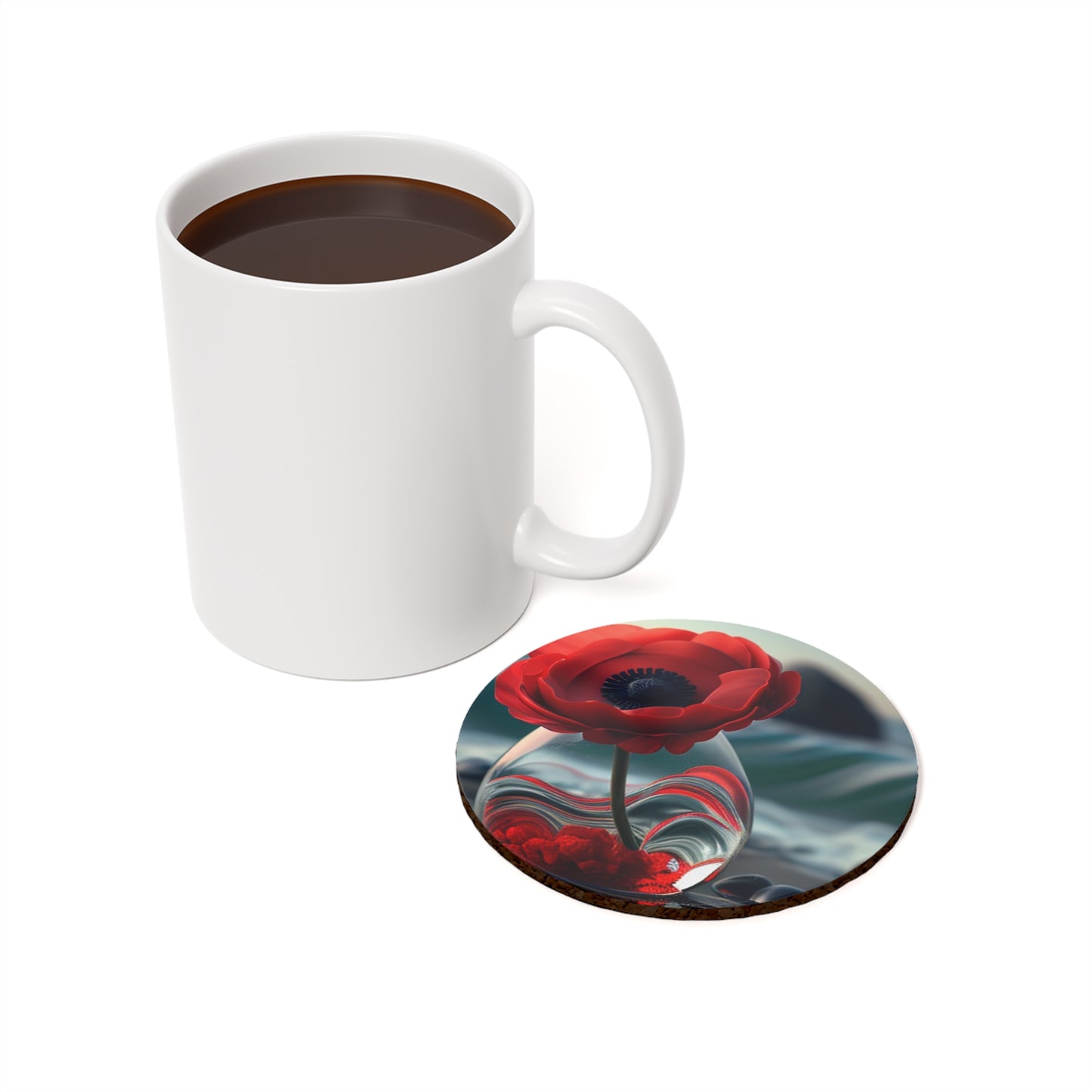 Cork Back Coaster Red Anemone in a Vase 1