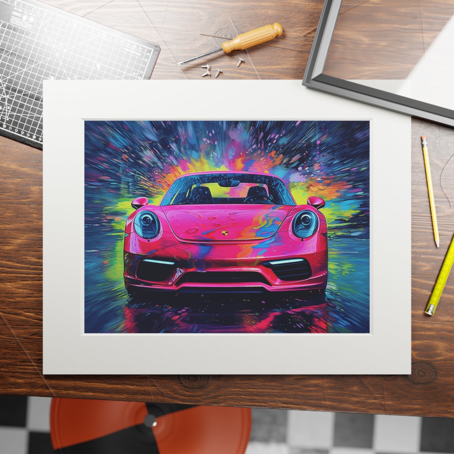 Fine Art Prints (Passepartout Paper Frame) Pink Porsche water fusion 3