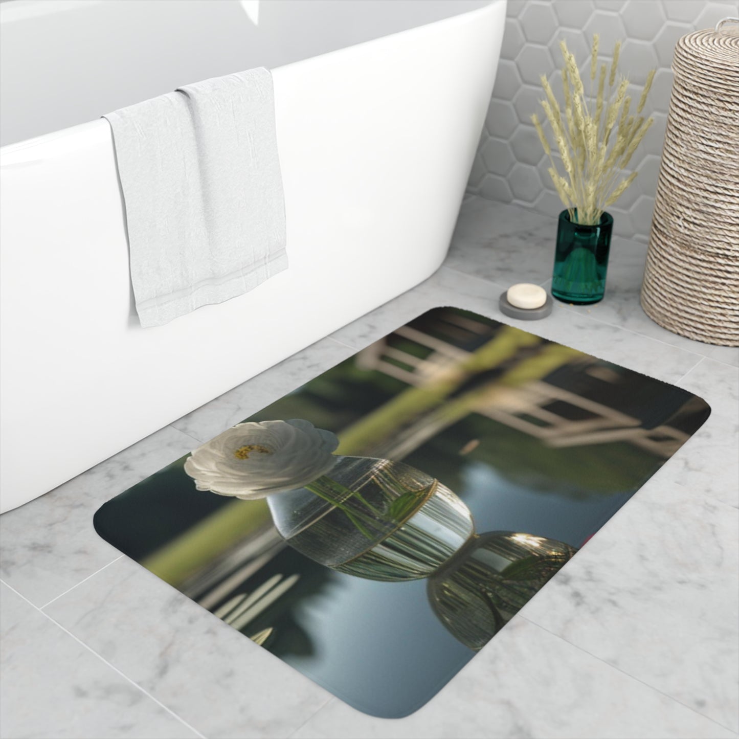 Memory Foam Bath Mat White Peony glass vase 1
