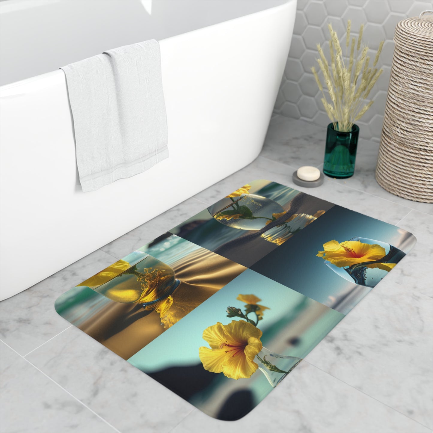 Memory Foam Bath Mat Yellow Hibiscus glass 5