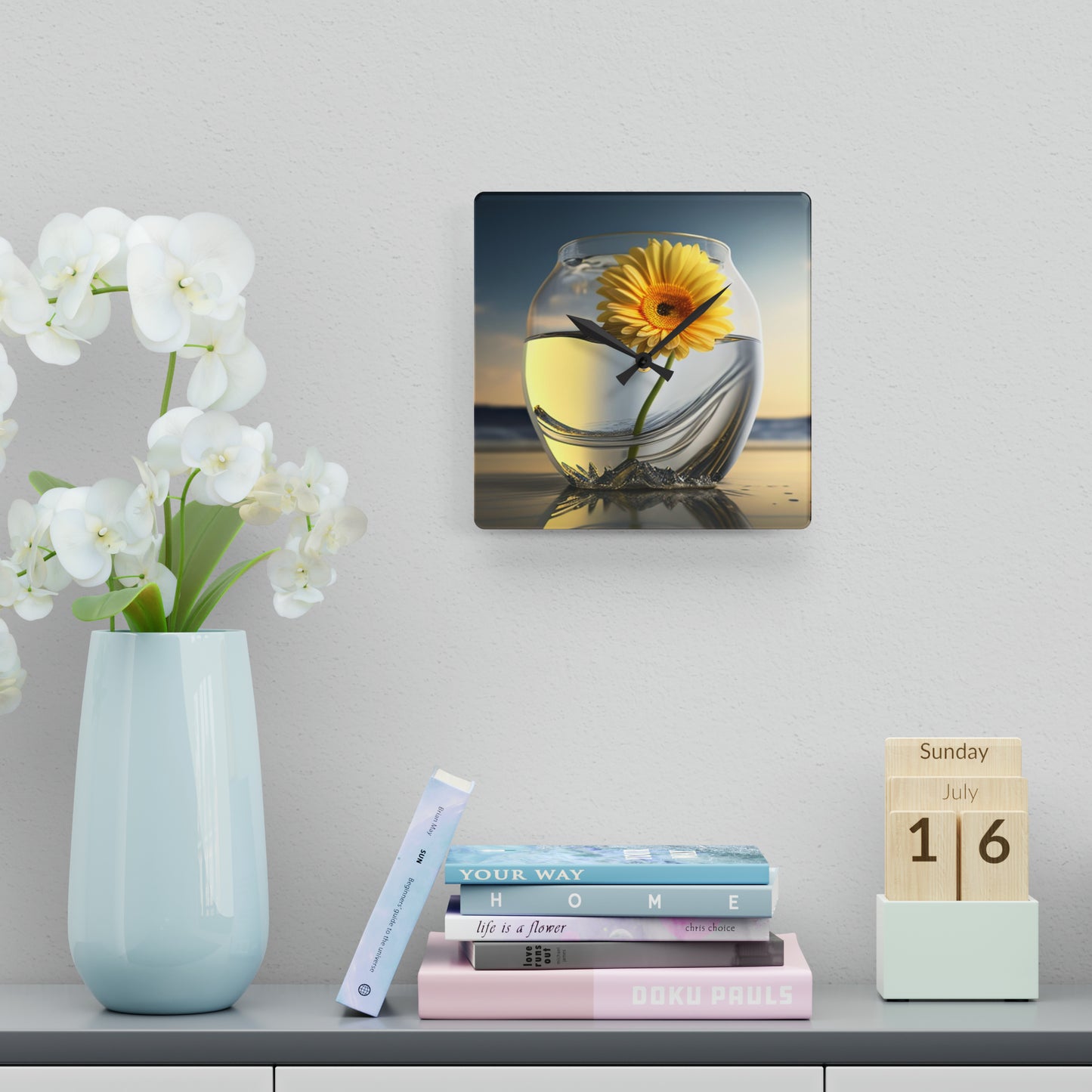 Acrylic Wall Clock yello Gerbera glass 1
