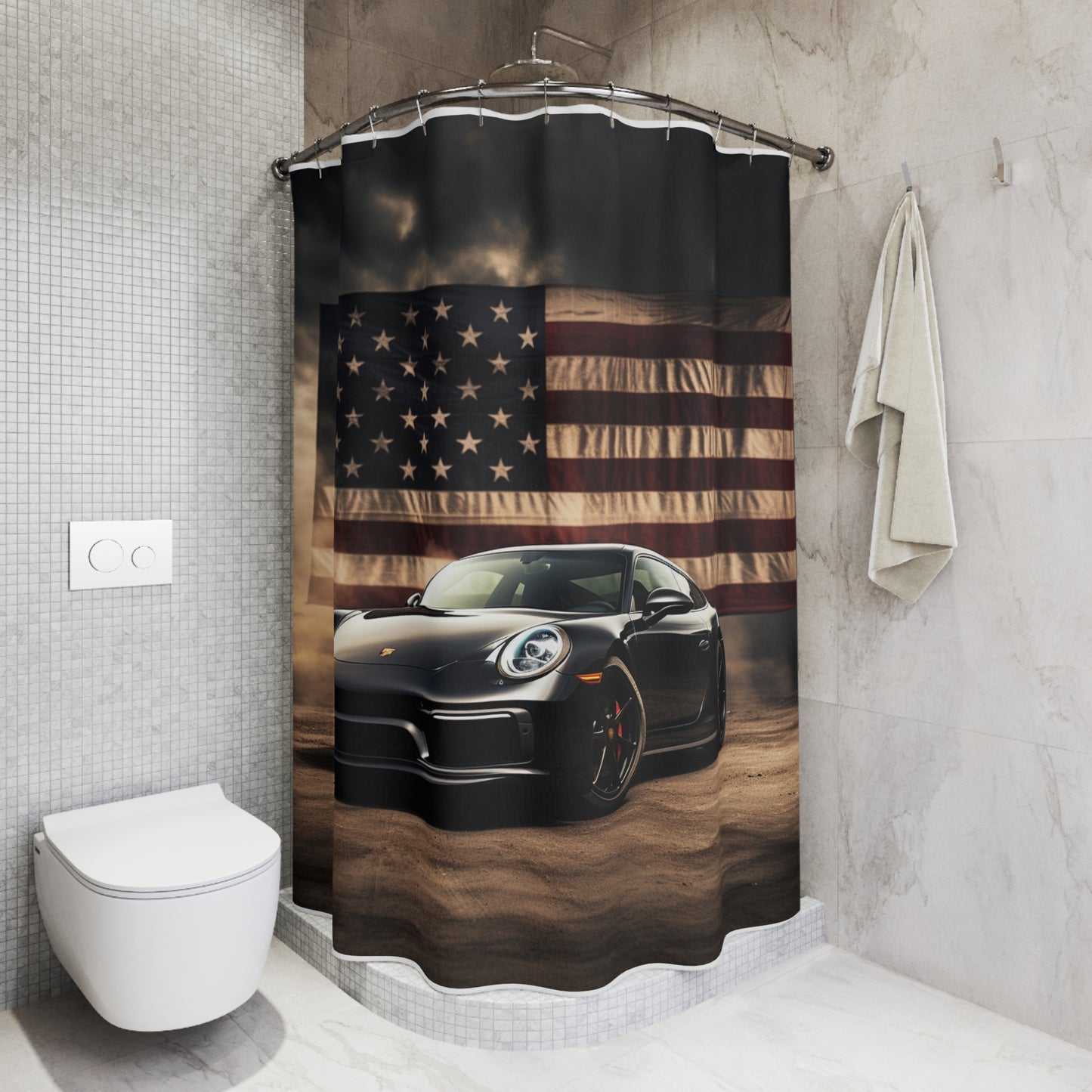 Polyester Shower Curtain American Flag Background Porsche 4