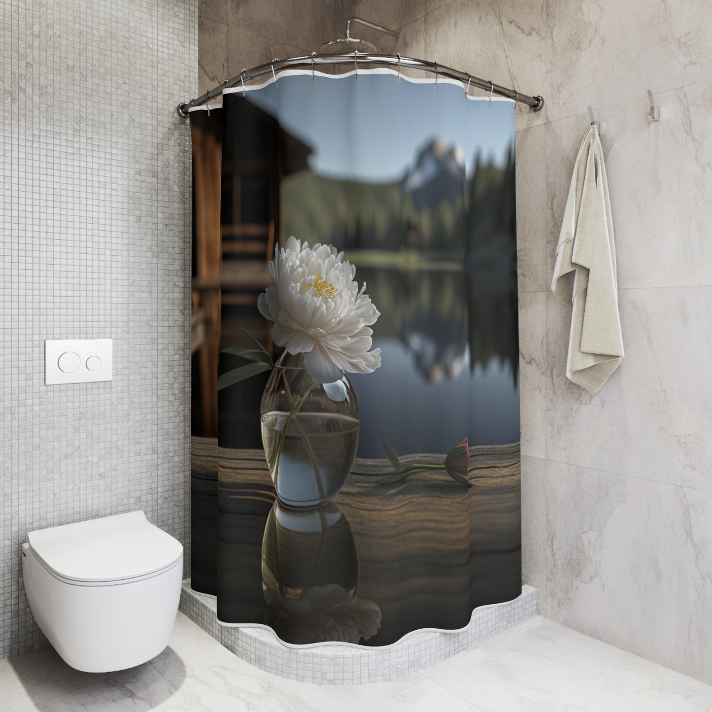 Polyester Shower Curtain White Peony glass vase 4