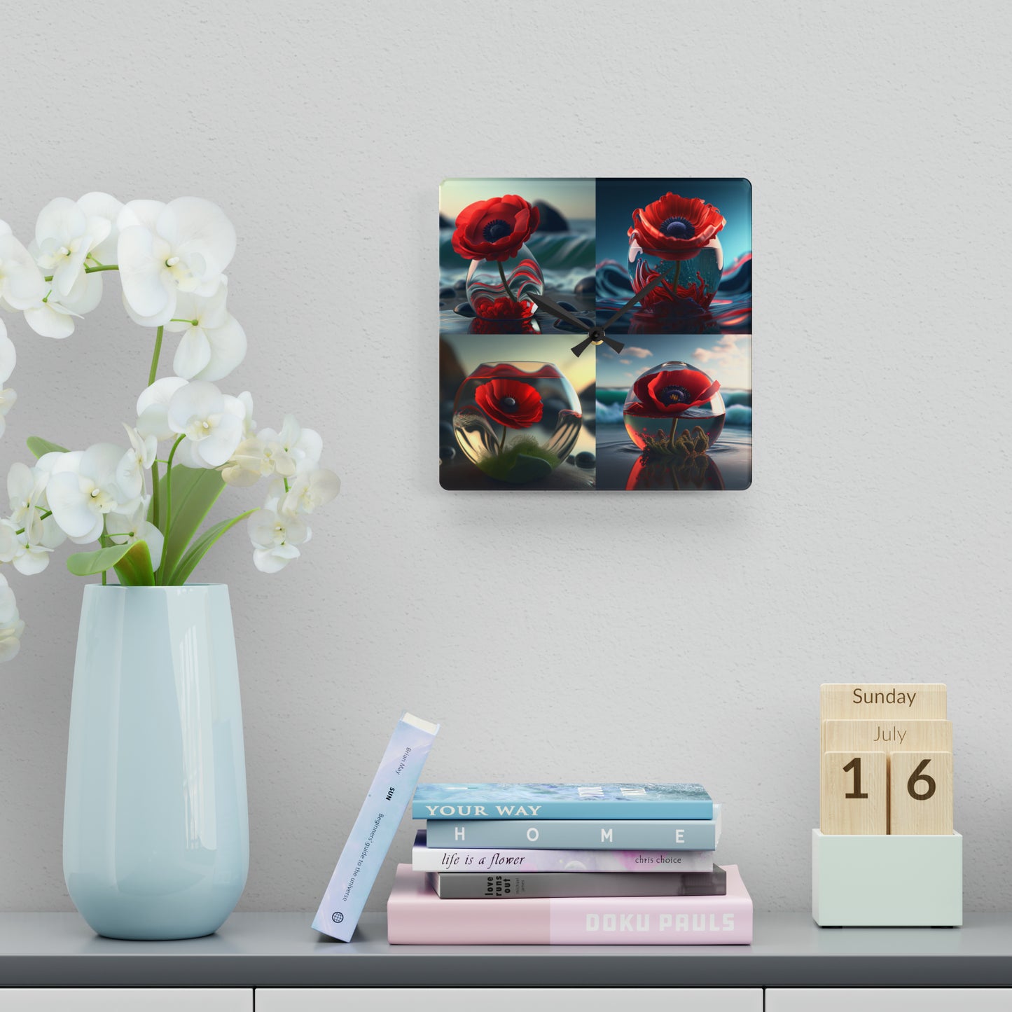 Acrylic Wall Clock Red Anemone in a Vase 5