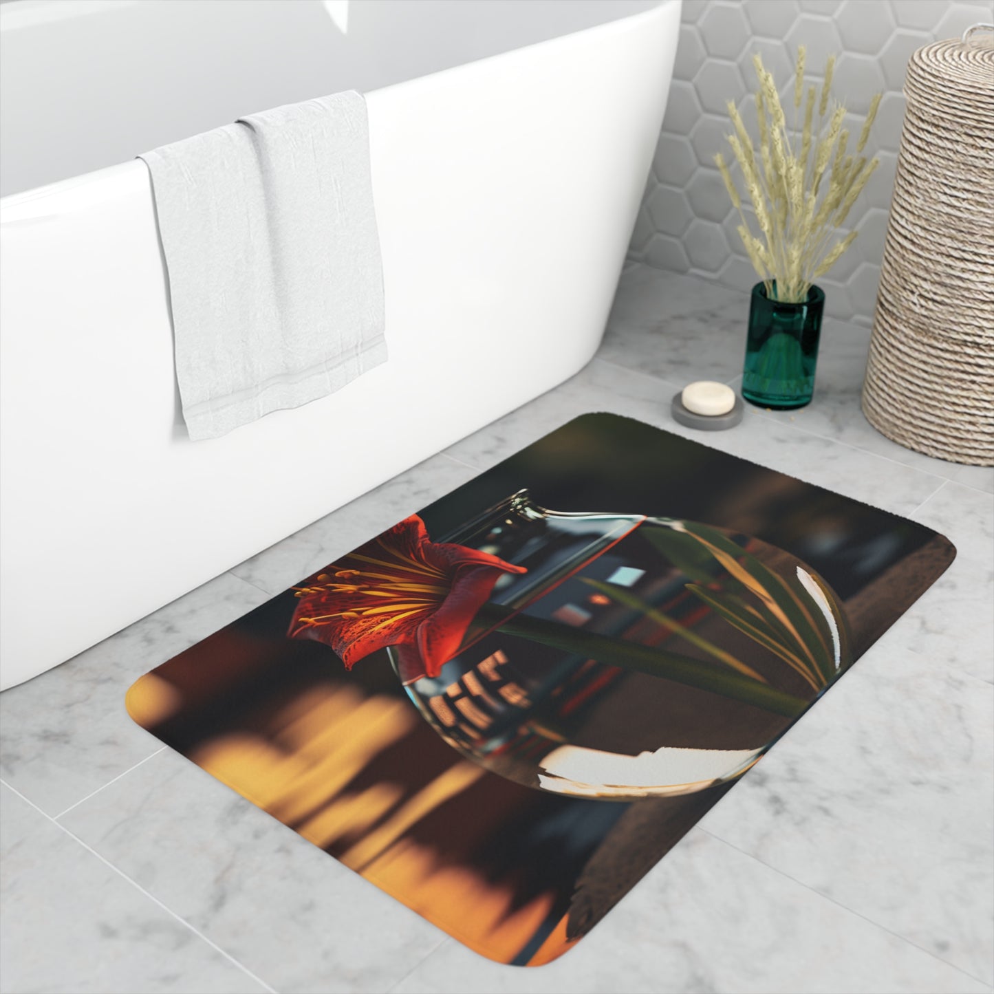 Memory Foam Bath Mat Red Lily in a Glass vase 2