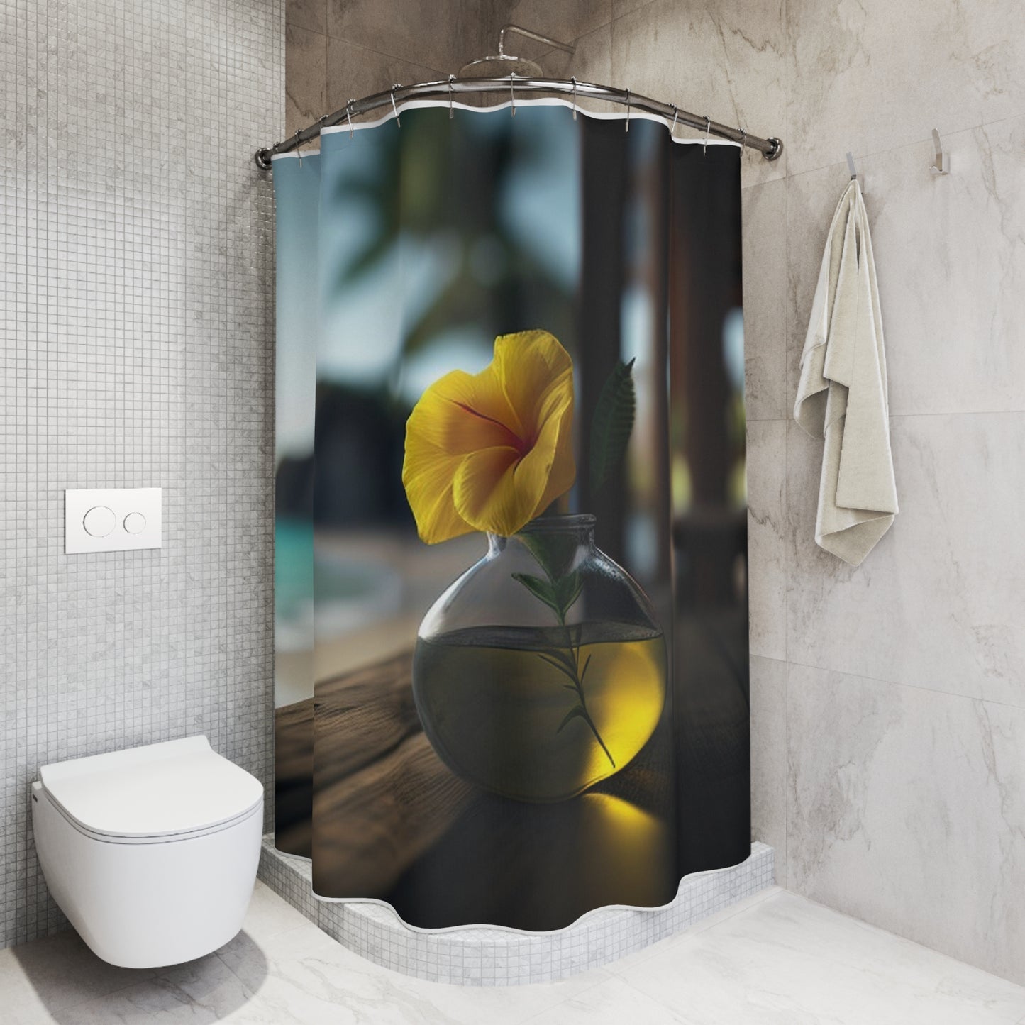 Polyester Shower Curtain Yellow Hibiscus Wood 3