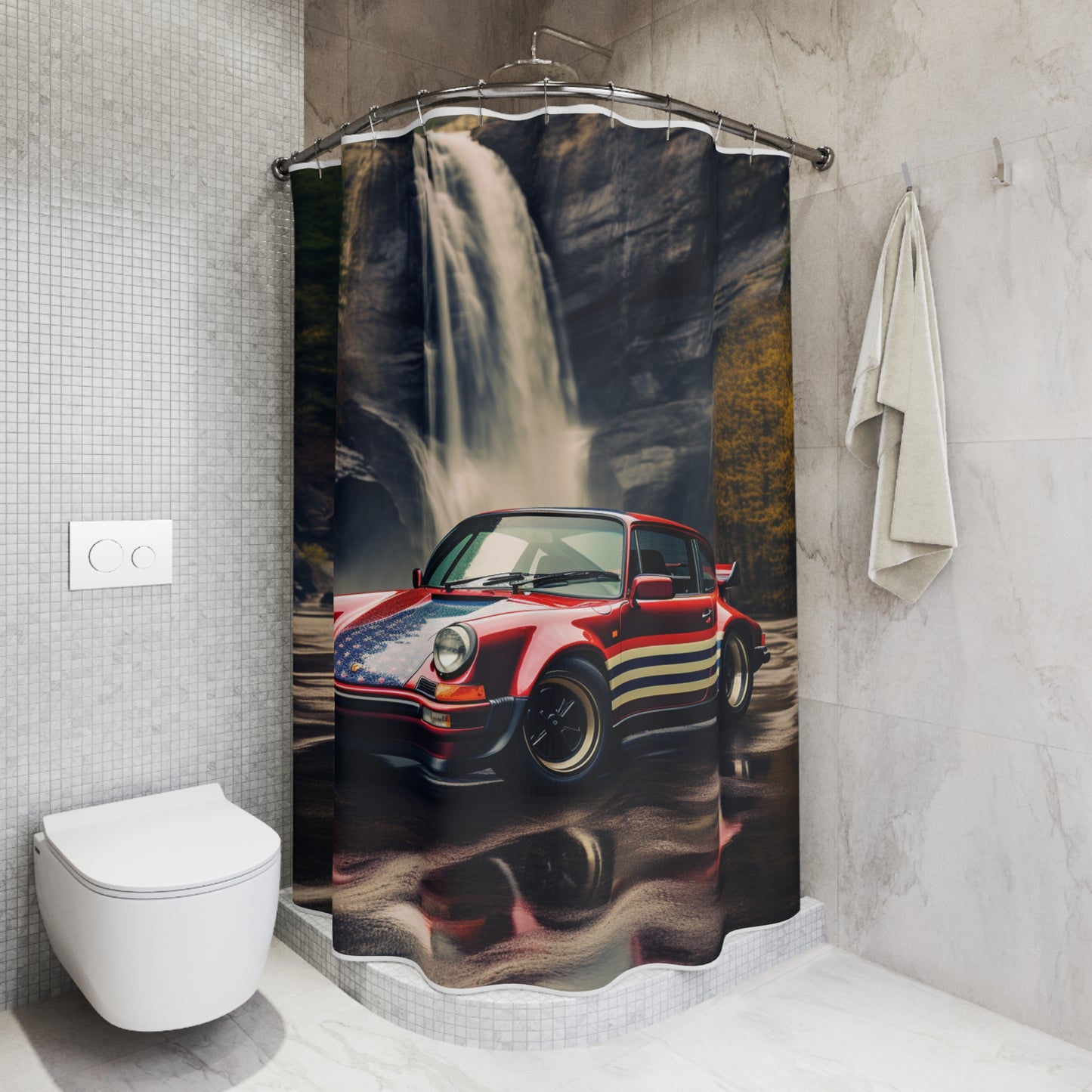 Polyester Shower Curtain American Flag Porsche Abstract 1